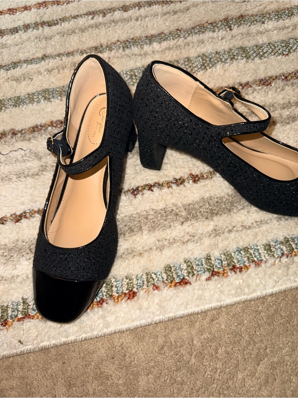 Cato Black Mary Jane Block Heels with Patent Cap Toe